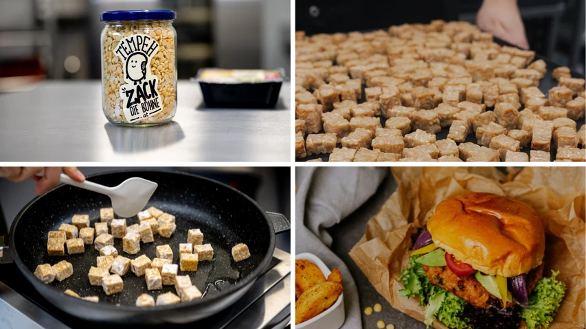 Sojabohnen im Glas, geröstete Tempeh-Würfel und ein fertig zubereiteter Burger