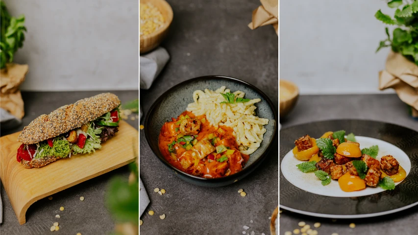 Gerichte mit Tempeh: ein belegtes Kornstangerl, Spätzle mit Paprikasauce und Tempeh auf gerösteten Marillen