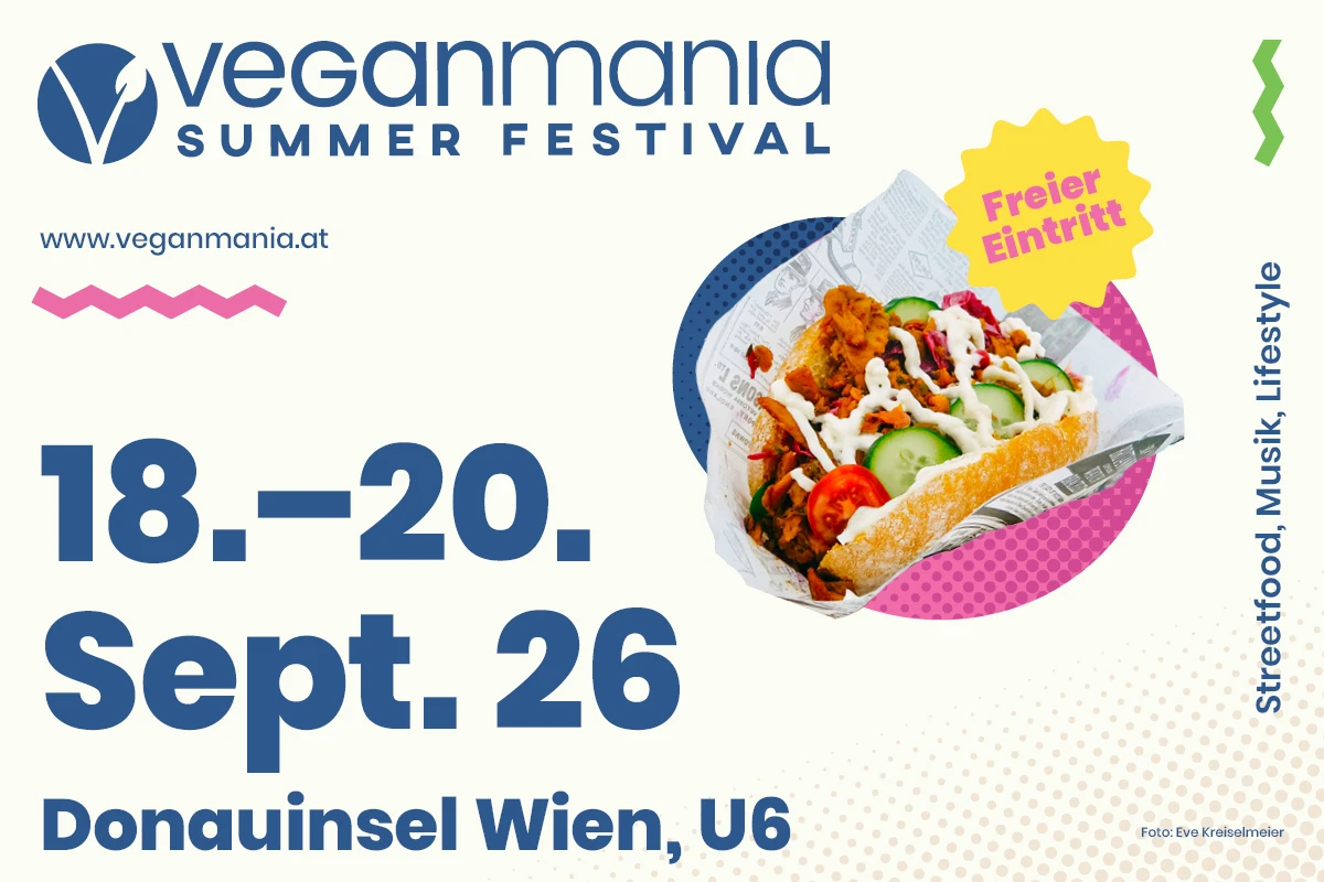 Grafik: Veganmania Summer Festival von 18.-20. September 2026 auf der Donauinsel, Wien, bei der U6