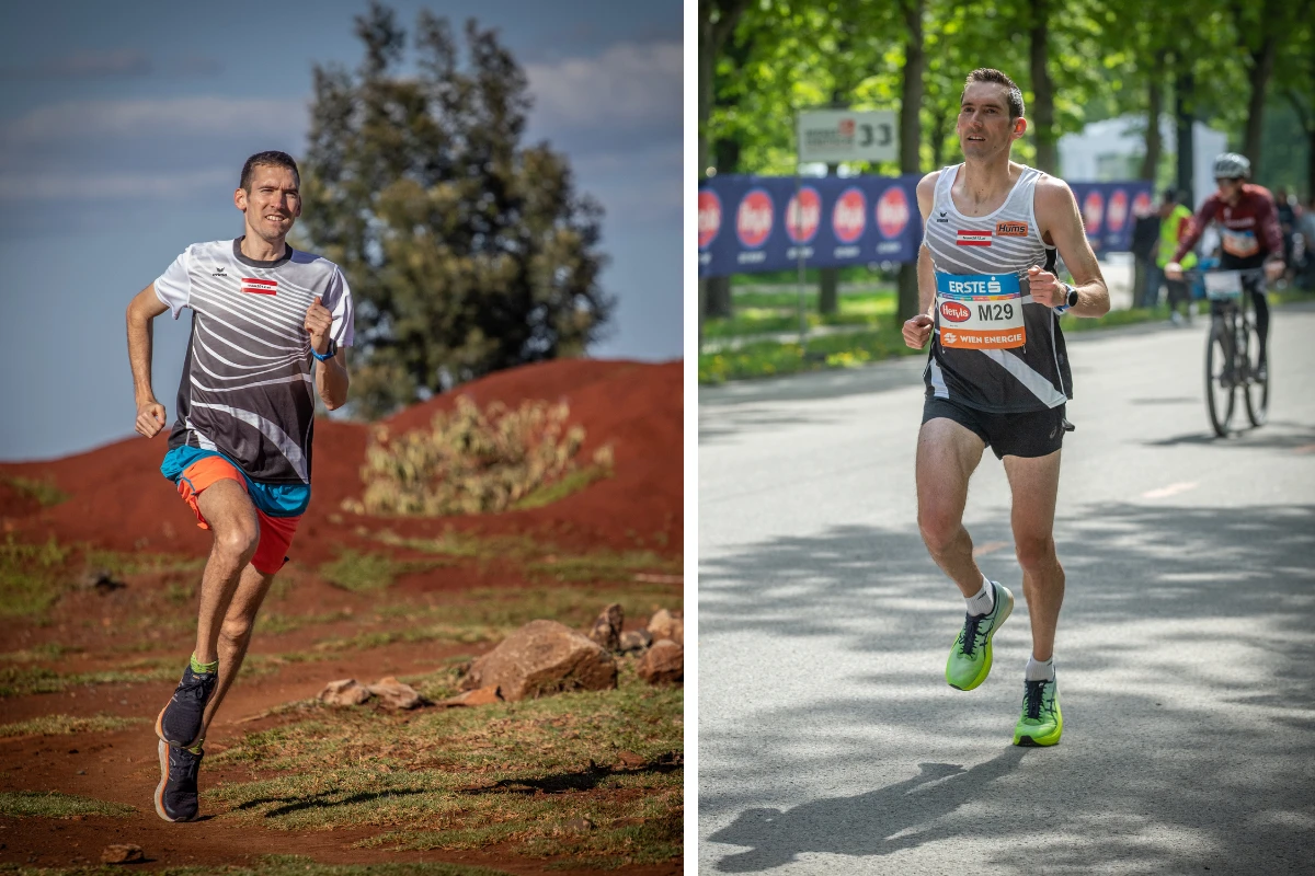 links beim Trainingslager in Kenia, rechts beim Vienna City Marathon 2023