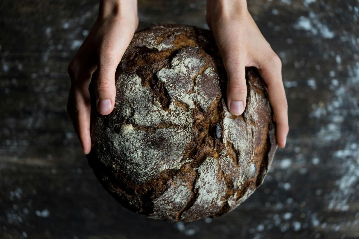 zwei Händen halten ein dunkles Brot