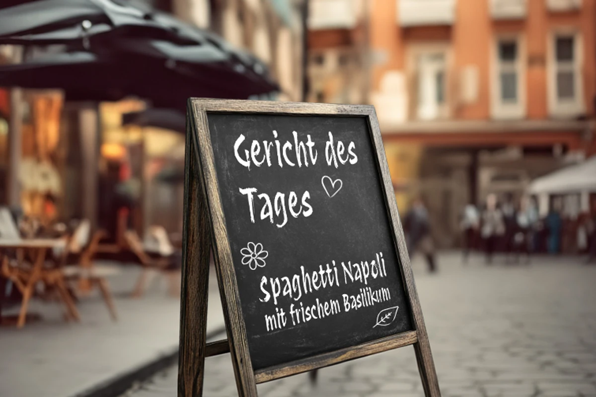 Aufsteller mit "Gericht des Tages: Spaghetti Naopli mit frischem Basilikum"