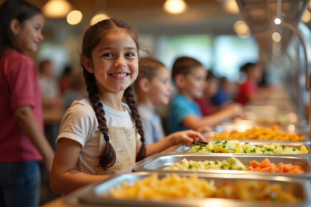 Bild eines lächelnden Mädchens mit geflochtenen Zöpfen, das am Schulbuffet vor der Speisenauswahl steht