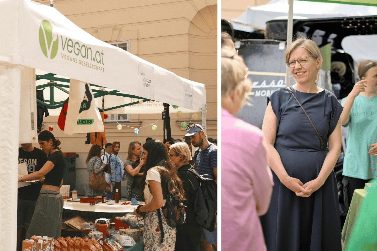 Der Tombola-Stand der Veganen Gesellschaft und das angrenzende Publikum rechts im Bild. Links im Bild: Bald-Grünen-Chefin Leonore Gewessler beim Erkunden.