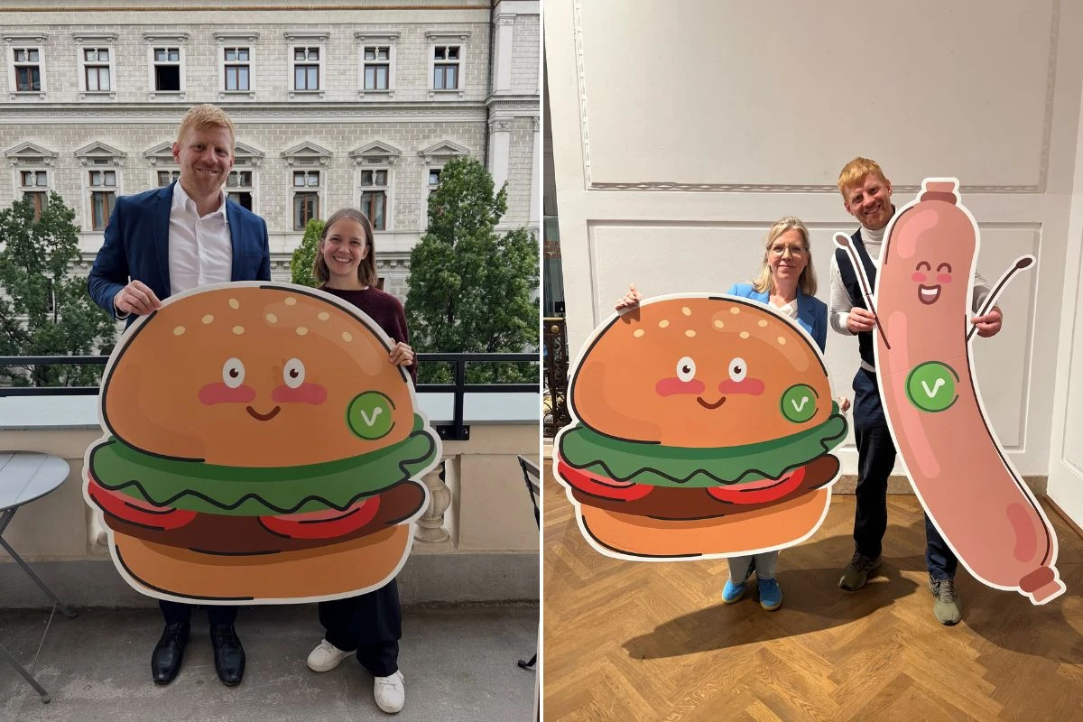 Anna Stürgkh und Leonore Gewessler zeigen gemeinsam mit Felix Hnat ihre Unterstützung für den Veggie-Burger